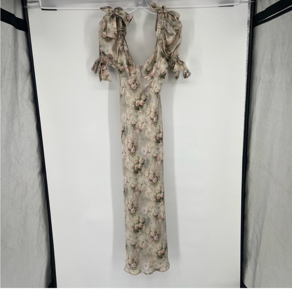 💕Selkie🐱The Poet Pink Puff Sleeve 100% Silk Charmeuse Cat Print Maxi Dress - Picture 2 of 16